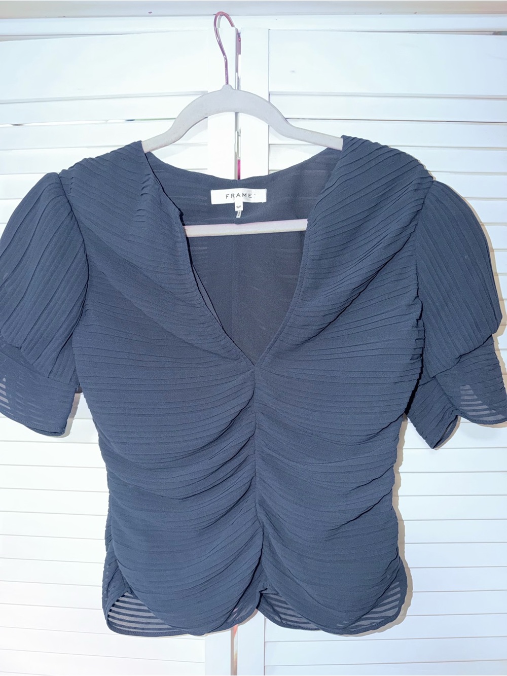 Frame Denim Navy Textured Ruched V-Neck Top